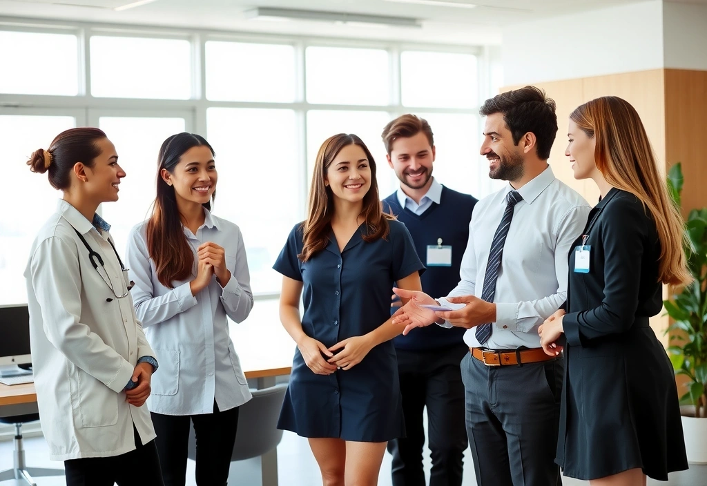 Grup de specialiști Nutriexperta zâmbitori și interacționând