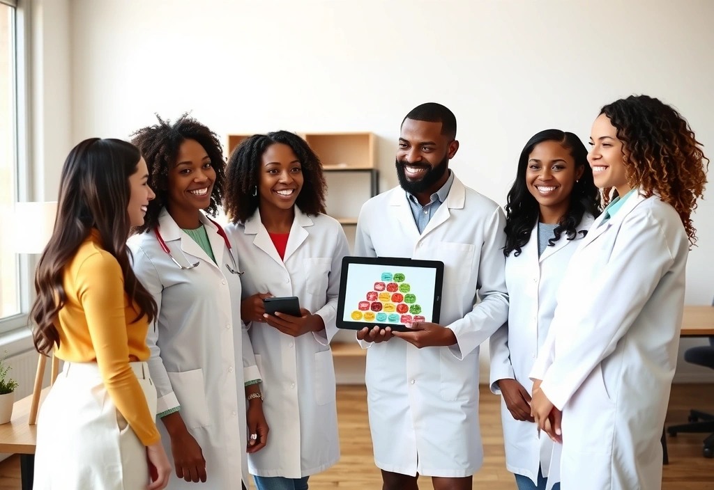 Echipa Nutriexperta zâmbind și discutând despre nutriție