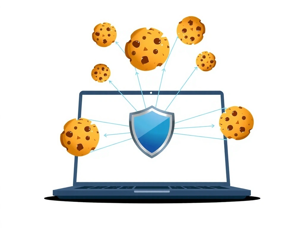 Ilustrație cu un browser web și iconițe de cookie-uri, simbolizând confidențialitatea datelor și modul în care site-urile stochează informații pentru o experiență personalizată.