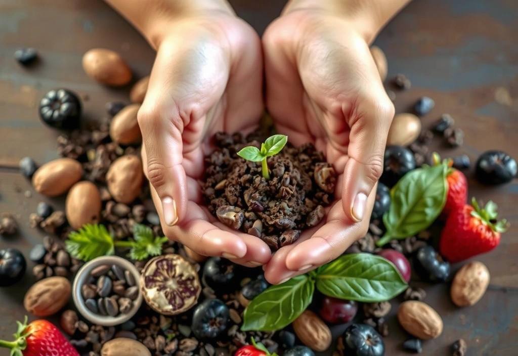 Concept vizual al Nutriexperta cu elemente naturale și simboluri de sănătate